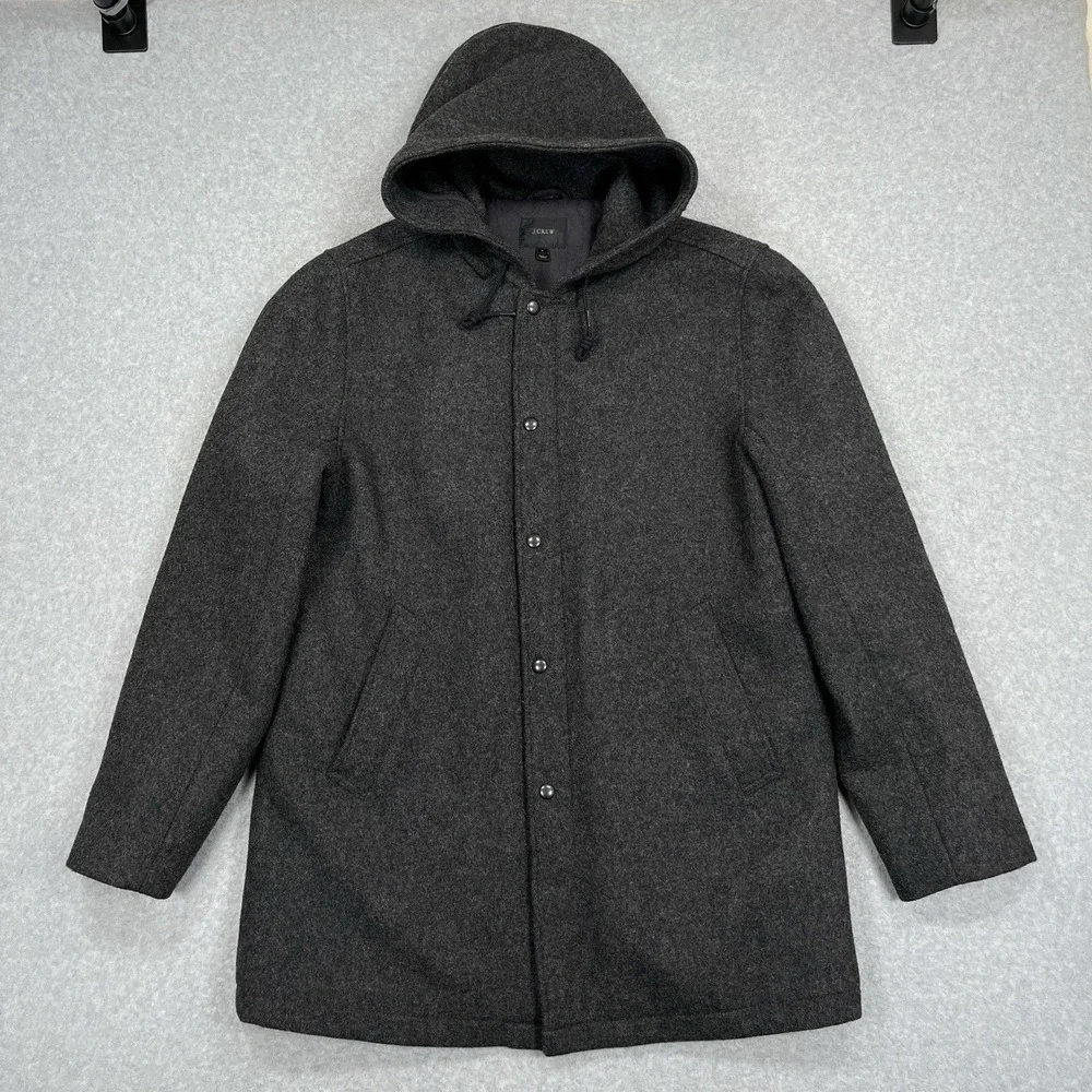 J Crew Hooded Wool Coach's Jacket Mens Large Charcoal Gray 3M Thinsulate Coat